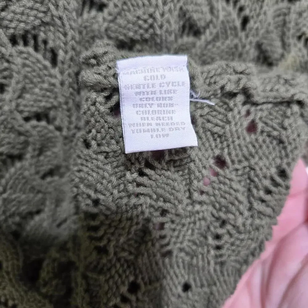 Charter Club Olive Green Cotton Pointelle Knit Sweater L V-Neck Scalloped Boho - Picture 5 of 8